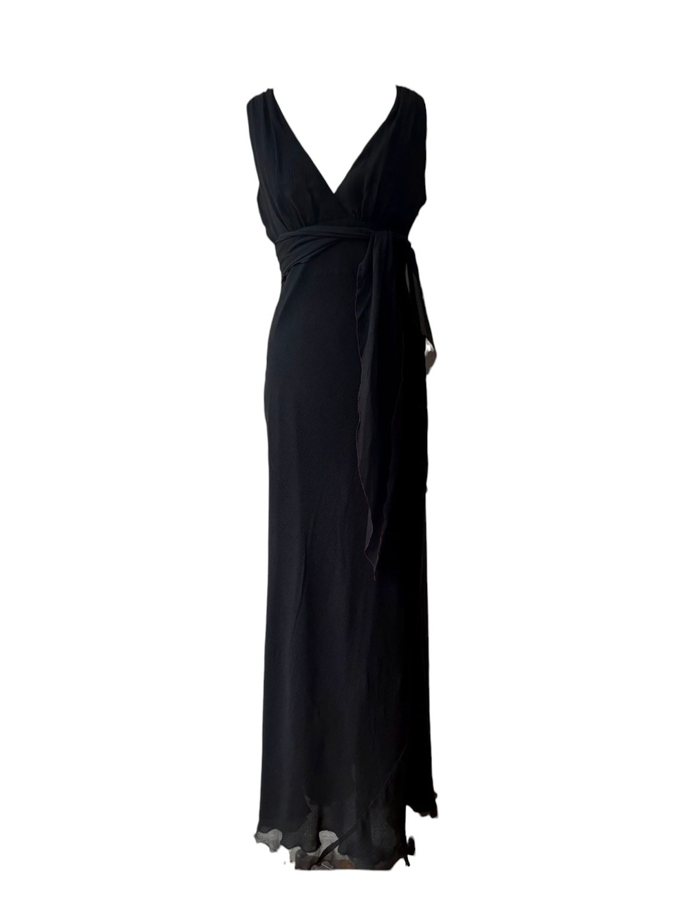 Nicole Miller Black V-Neck Maxi Dress with Waist Sash
